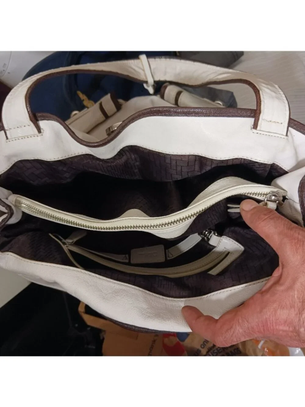 Cole Haan Leather Buckle Trim Multi Pocket Shoulder Bag Womens Ivory Brown
